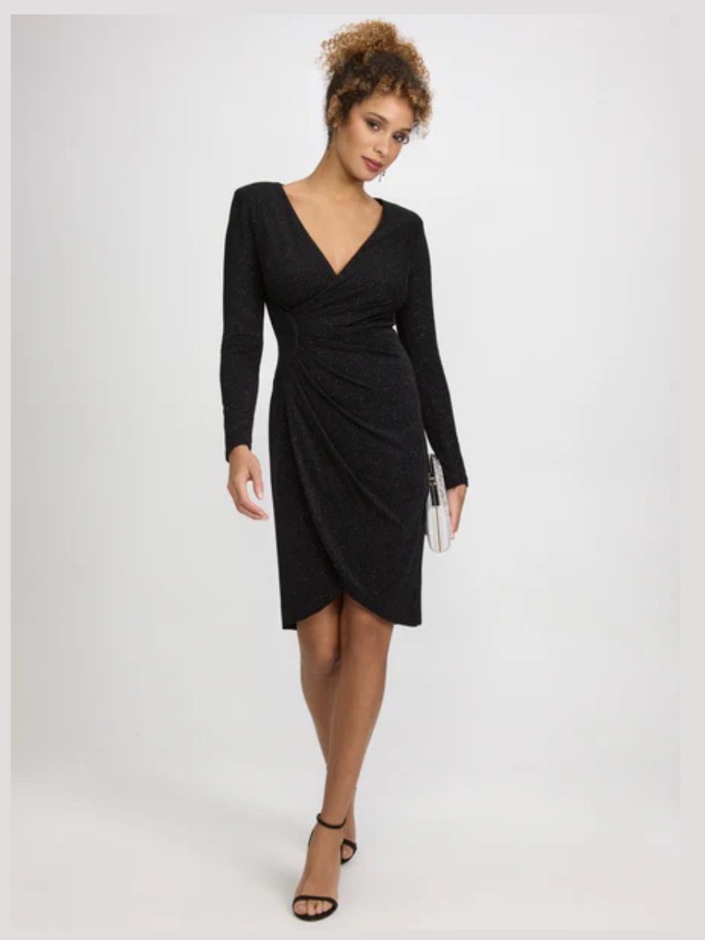 JH Evenings Cocktail Dress 16 Black Sparkly Glitter Ruched Faux Wrap Slit V-Neck